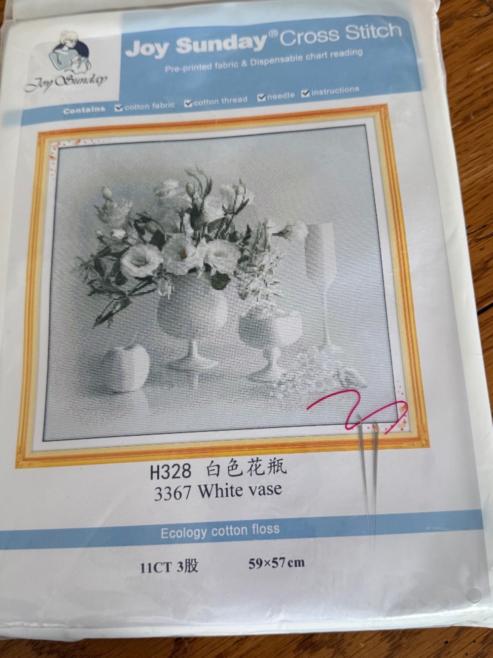 White Vase Joy Sunday Pre-Printed Cross Stitch Kit 11ct Aida - NEW